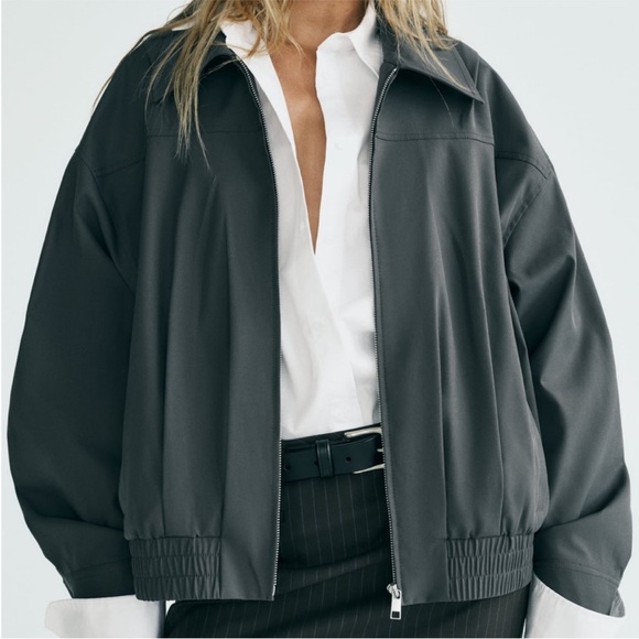 ZARA Womens Gray S/XS Bomber Jacket Charcoal Pleated Zip-Up Collared Water Repel - Picture 13 of 13